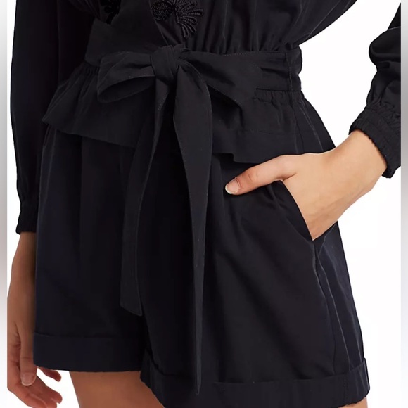 DEREK LAM 10 CROSBY- Floral Embroidery Black Long Sleeve Wrap Romper - Picture 7 of 16